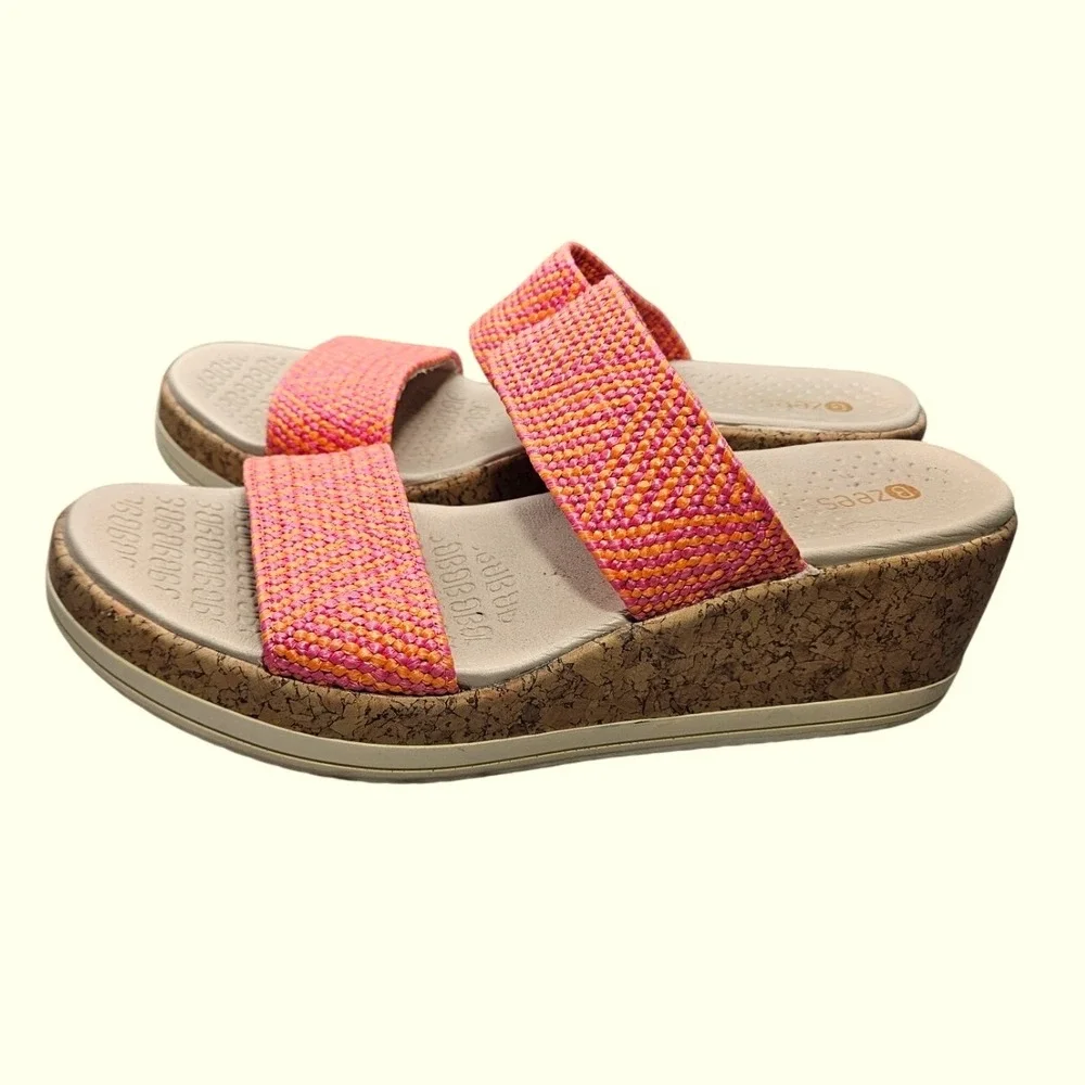 Bzees Sz 9 Double Strap Cork Wedge Sandals Red Orange Stretch Woven Comfort #374